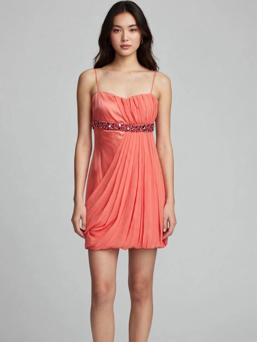 Mignon Coral Pink Spaghetti Strap Mini Dress with Beaded Waist